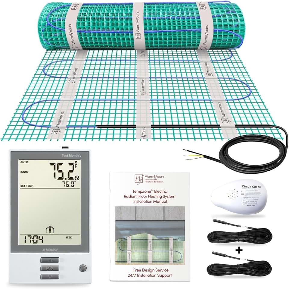 WarmlyYours 105 sq ft Electric Radiant Floor Heating System Mat Kit Under Tile Stone Wood Laminate Vinyl, Programmable Thermostat, Floor Sensors, Circuit Check