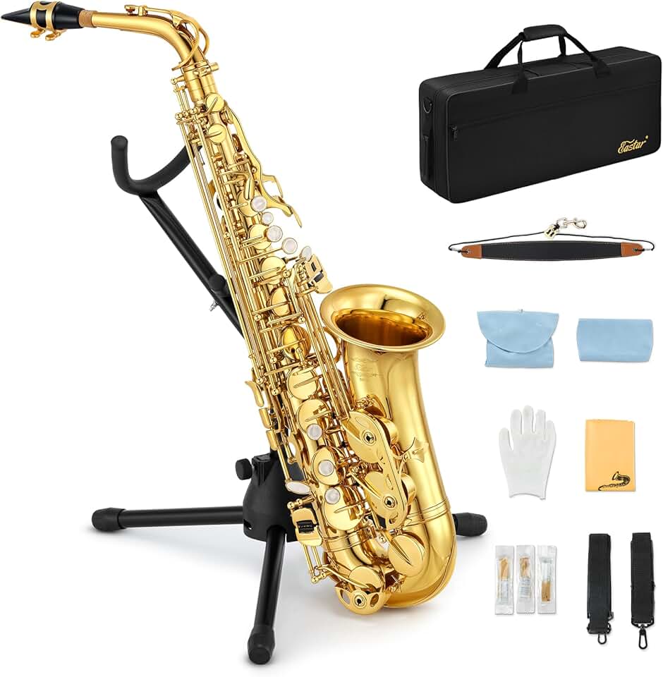 Eastar AS-Ⅱ Student Alto Saxophone E Flat Gold Lacquer Alto Beginner Sax Full Kit With Carrying Sax Case Mouthpiece Straps Reeds Stand