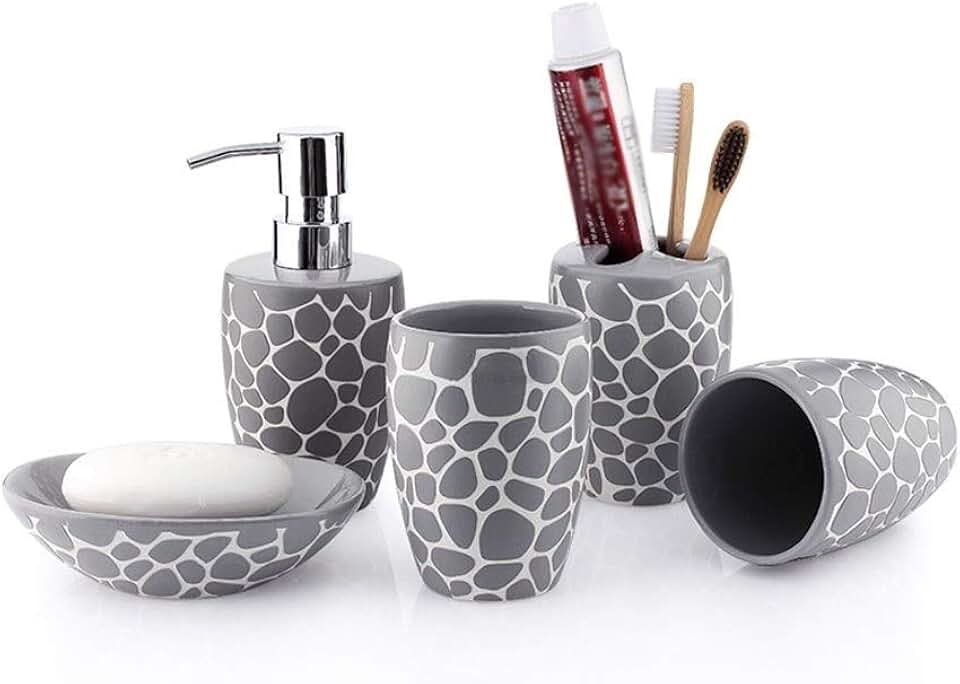 Automatic soap Dispenser 5-Piece Ceramics Bathroom Accessories Set,Toothbrush Holder,2 Tumblers,Soap Dispenser,Soap Dish,Black，Soap Dispenser Set Home, Bathroom, etc. (Color : Gray)