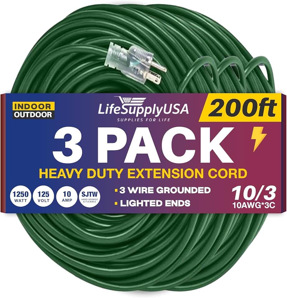 200ft Power Outdoor Extension Cord & Indoor - Waterproof Electric Drop Cord Cable - 3 Prong SJTW, 10 Gauge, 10 AMP, 125 Volts, 1250 Watts, 10/3 by LifeSupplyUSA - Green (3 Pack)