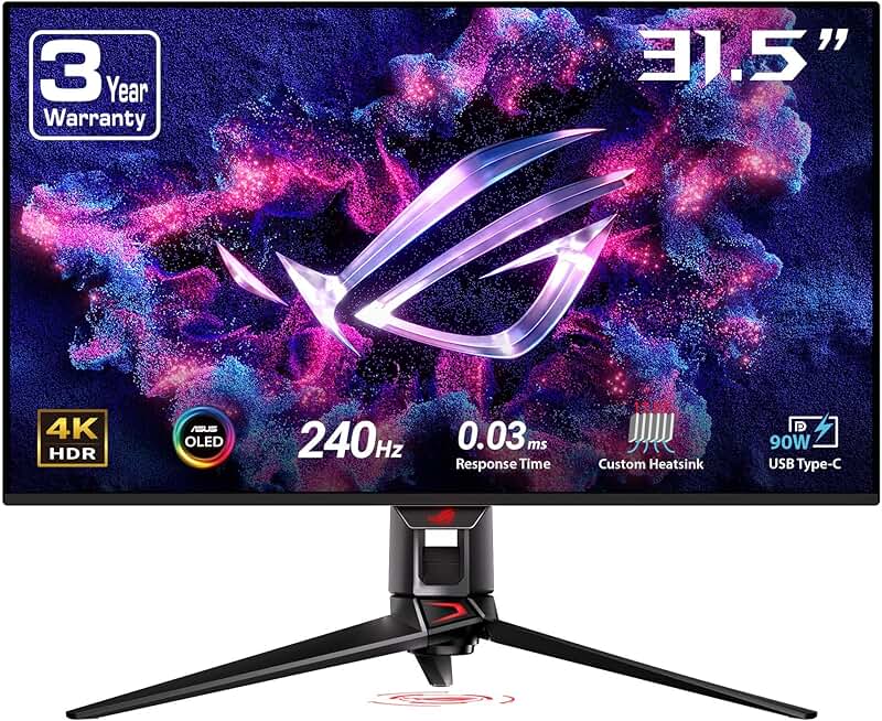 ASUS ROG Swift 32” 4K OLED Gaming Monitor (PG32UCDM) - UHD (3840 x 2160), QD-OLED, 240Hz, 0.03ms, G-SYNC Compatible, Custom Heatsink, Graphene film, 99% DCI-P3, True 10-bit, 90W USB-C, 3 year warranty