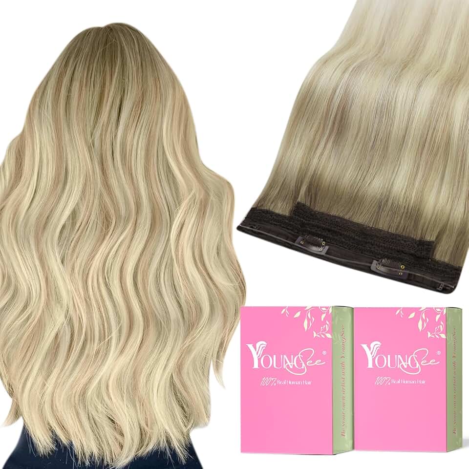 YoungSee 135g Wire Hair Extensions Human Hair Ombre Blonde Wire Hair Extensions Real Human Hair Balayage Ash Blonde Ombre Platinum Blonde Layered Hair Extensions for Women Invisible Wire Hair 20Inch