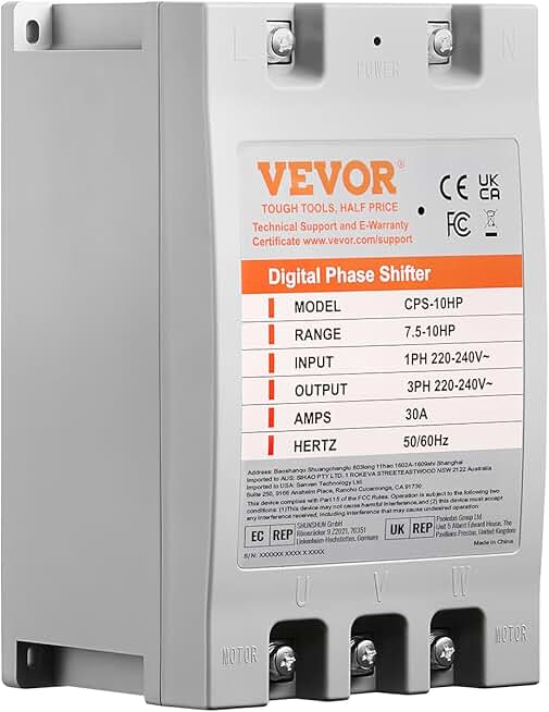 VEVOR Single Phase to 3 Phase Converter - 10HP 30A 220V-240V Input/Output Digital Phase Shifter for Residential & Light Commercial Use (One Converter for One Motor Only)