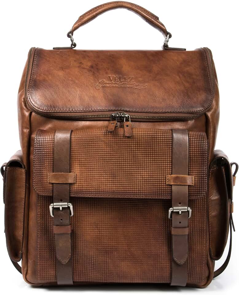 VELEZ Full Grain Leather Backpack for Men - 15.6 Inch Laptop Bag - Tan Designer Bookbag - Business Mens Computer Shoulder Bags