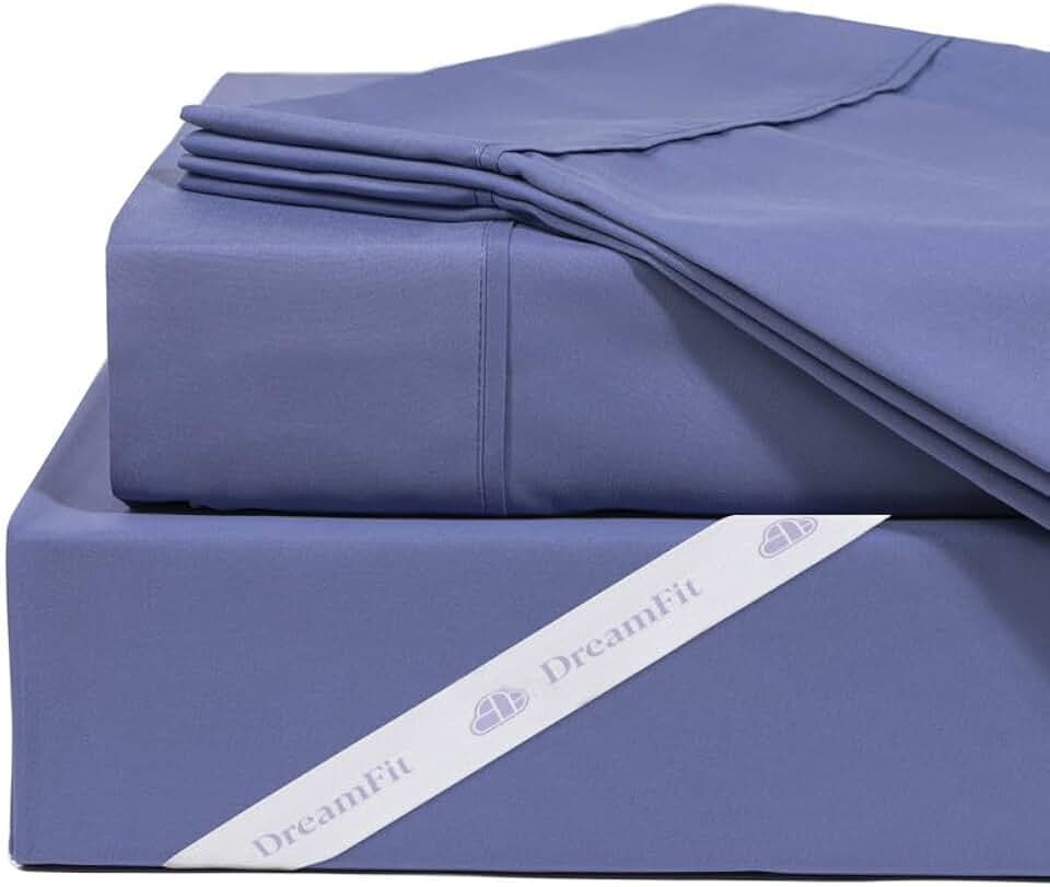 DreamFit DreamChill Cooling Bamboo Viscose Sheets For Hot Sleepers With Elastic Corner Straps 20 inch Extra Deep Pocket Breathable Silky Soft 100% Crafted in USA Full Sheet Set Blue