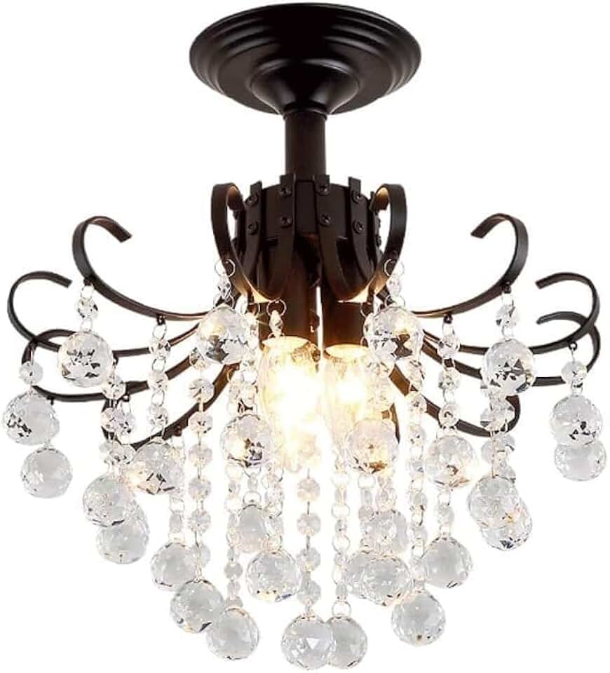 Small Crystal Chandelier Ceiling Light Fixture for Kitchen Island 3 Lights Black Farmhouse Hallway Semi Flush Mount Ceiling Light Modern Entryway Lighting Fixture for Bathroom Porch Corridor