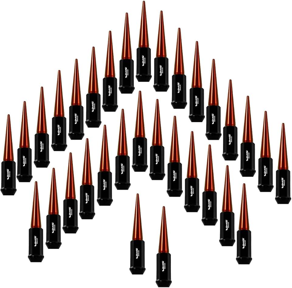 VMS RACING 14x1.5 32PC 124mm Cold Forged Steel Lug Nuts with RED Extended Spikes Tips CNC Aluminum Compatible with Chevy Silverado and GMC Sierra 2500 3500 HD 1999-2025 with 8 Lug Wheel Pattern