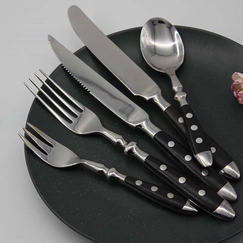 Black Silverware Set for 18 Stainless Steel 90 Pieces Color Handle Flatware Cutlery Dinnerware Set Rivet/Retro Style with Steak Knives Forks Spoons Sets for Home Restaurant Wedding