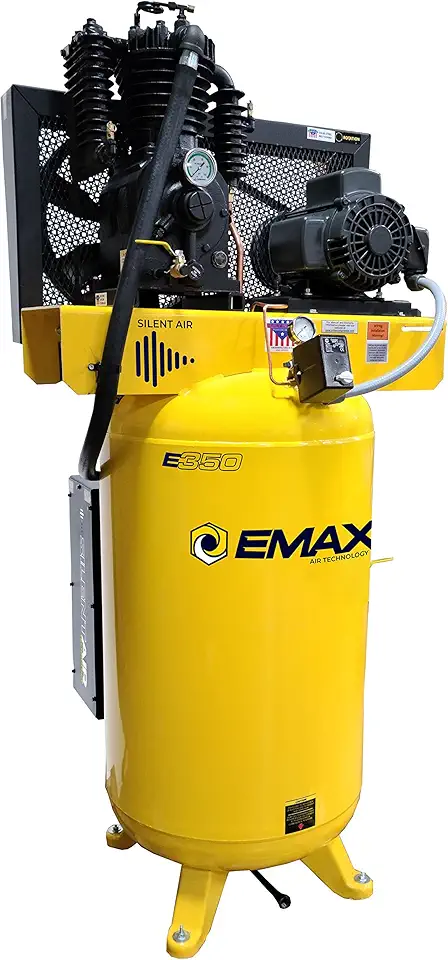 EMAX E350 Stationary Air Compressor - 5hp 80 Gal. 2 Stage Single Phase Compressor with Pressure Lubricated Pump & Silent Air System - ES05V080I1