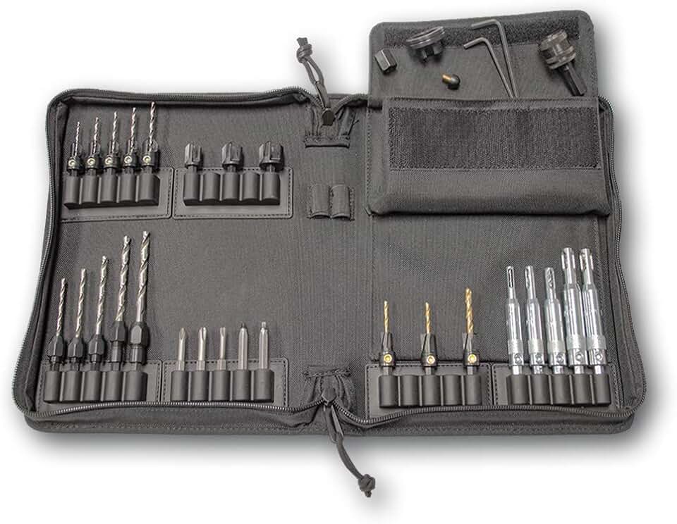 Snappy Tools Deluxe Tool Book, Maker's Edition, 5-Pc. Countersinks, 5-Pc. Drill Adapters, 5-Pc. Hinge Bits, 5-Pc. Driver Bits, 3-Pc. Plug Cutters, 3-Pc. Counterbores, 1-Pc. Stop Collar, 1-Pc. Chuck