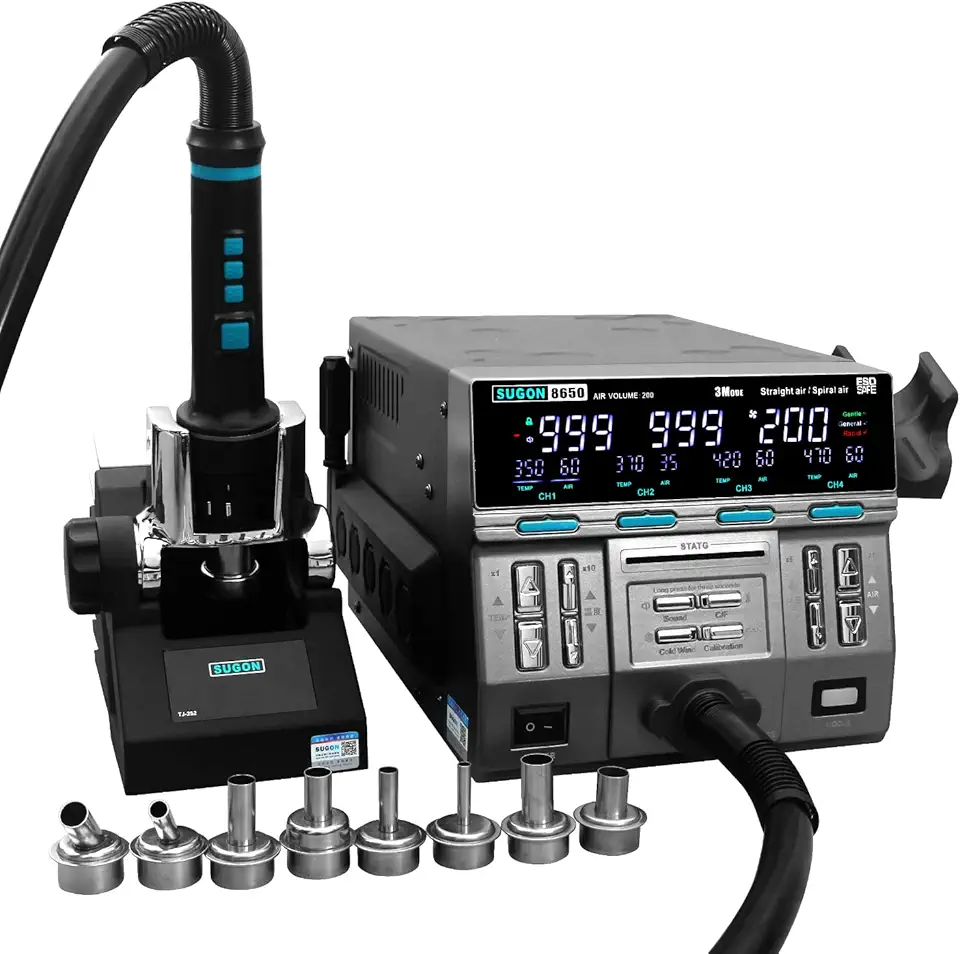 SUGON 8650 Hot Air Rework Station 1300W,3 Different Heating Modes,℃/℉, Temperature 212°F-999°F,8 Air Nozzles, Air Volume 1-200,4 Temperature Memory Storage, Automatic Sleep, Nozzle Replacement Bracket