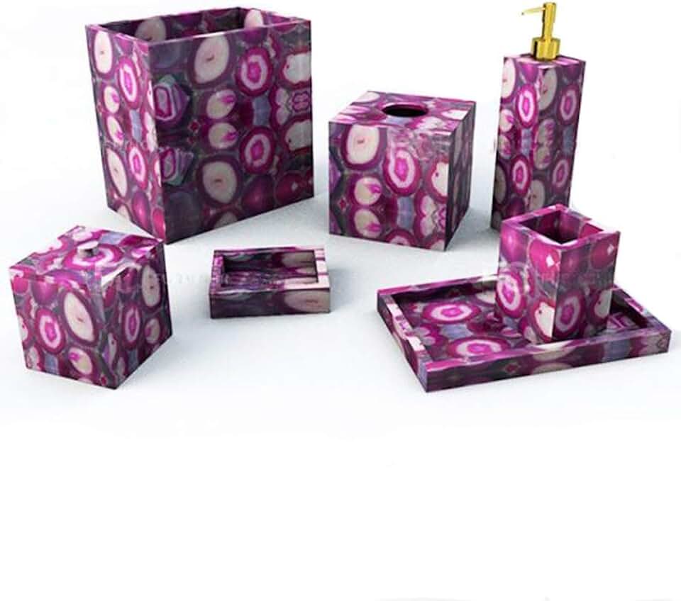 7 Pcs. Pink Agate Bathroom Set, Agate Soap Dispenser, Agate Soap Dish, Agate Vanity Tray, Agate Box, Brush Holder, Canister, Tissue Box, Piece Of Conversation