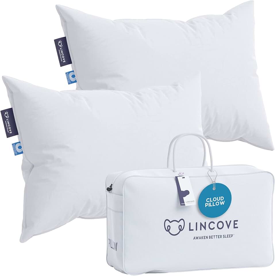 Lincove Cloud Natural Canadian White Down Luxury Sleeping Pillow - 625 Fill Power, 100% Cotton Shell, 500 Thread Count, Made in Canada, Queen - Soft, 2 Pack