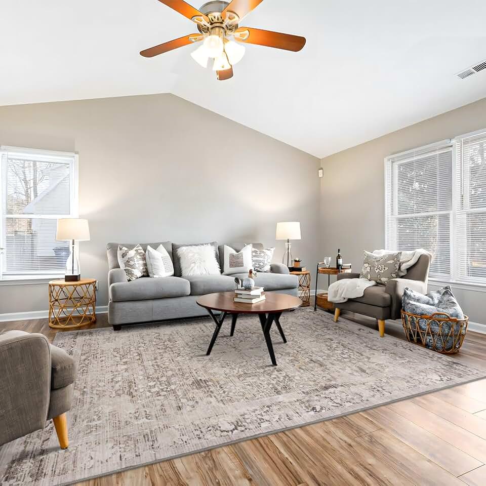 Rineflo-9'x12' Area Rugs,Machine Washable Rug for Living Room Dinner Room Bedroom,Bohemian Style Soft Non Slip Rug Carpet,Oriental Vintage Low Pile Large Area Rug (Camel, 9'x12')