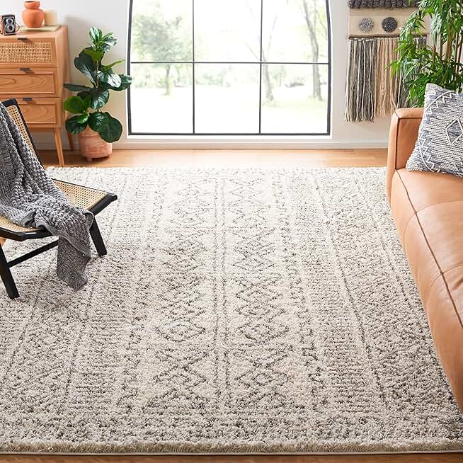SAFAVIEH Hudson Shag Collection 7' Square Ivory/Grey SGH376A Moroccan Non-Shedding Living Room Bedroom Dining Room Entryway Plush 2-inch Thick Area Rug