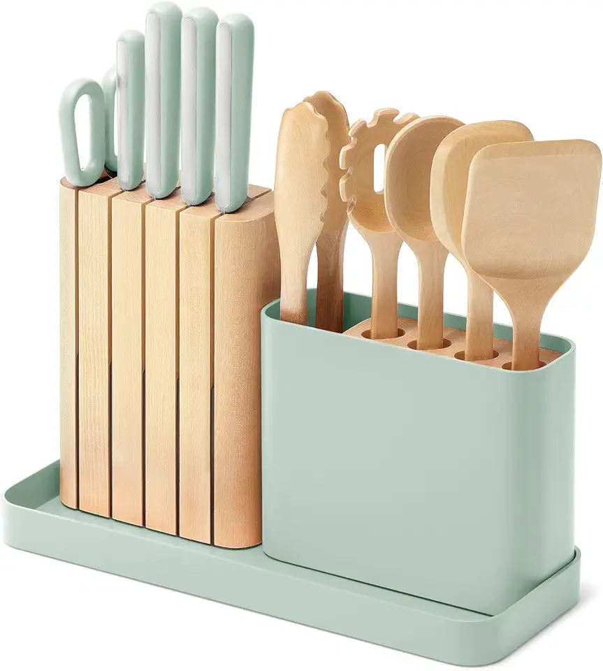 Caraway 14-Piece Kitchen Prep Set - Kitchen Knife Set & Wooden Utensil Set - Made With Premium German Steel Blades & FSC-Certified Birch Wood - Non-Toxic Materials - Includes Organizer - Mist
