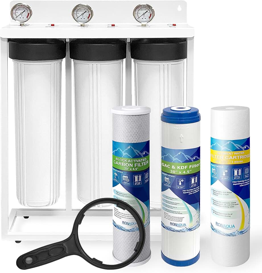 3 Stage High Capacity 20” White Whole House Water Filter System, Freestanding Steel Frame, Sediment, GAC+KDF & Carbon Cartridges, Presser Relief Button, 1” Brass Port, Pressure Gauges, Double O-Ring