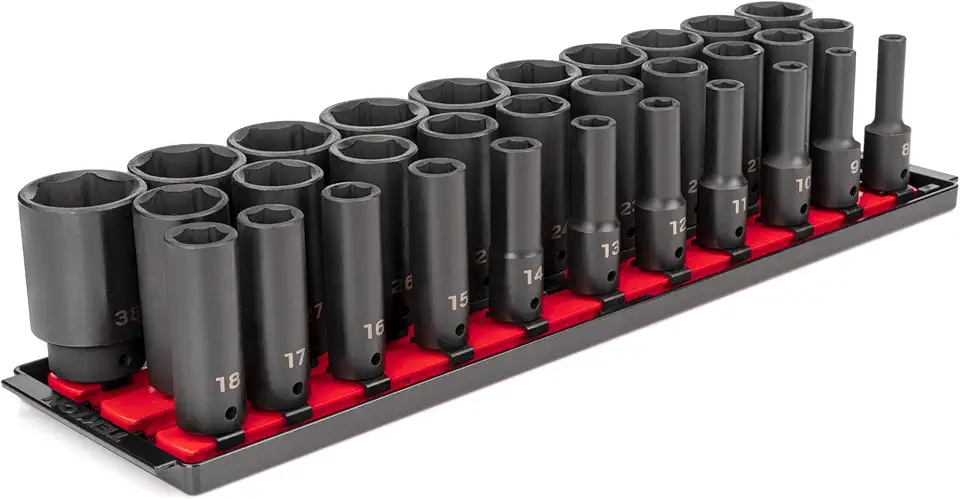 TEKTON 1/2 Inch Drive Deep 6-Point Impact Socket Set with Rails, 31-Piece (8-38 mm) | SID92105