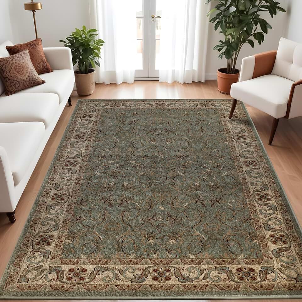 Superior Indoor Area Rug, Jute Backed Rugs for Bedroom, Living/Dining Room, Office, Entryway, Hallway, Kitchen, Traditional Floral Scroll Floor Decor, Heritage Collection, 12' x 15, Green,