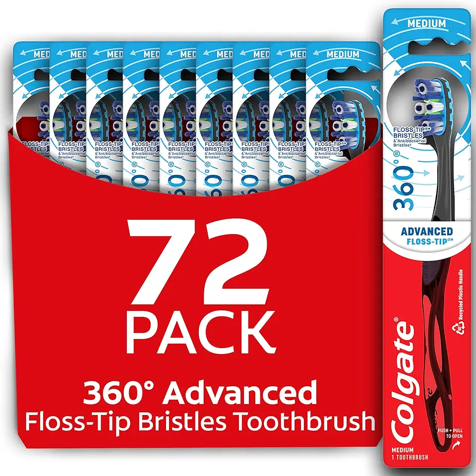 Colgate 360 Advanced Floss-Tip Bristles Toothbrush, Medium Toothbrush, (Pack of 72)