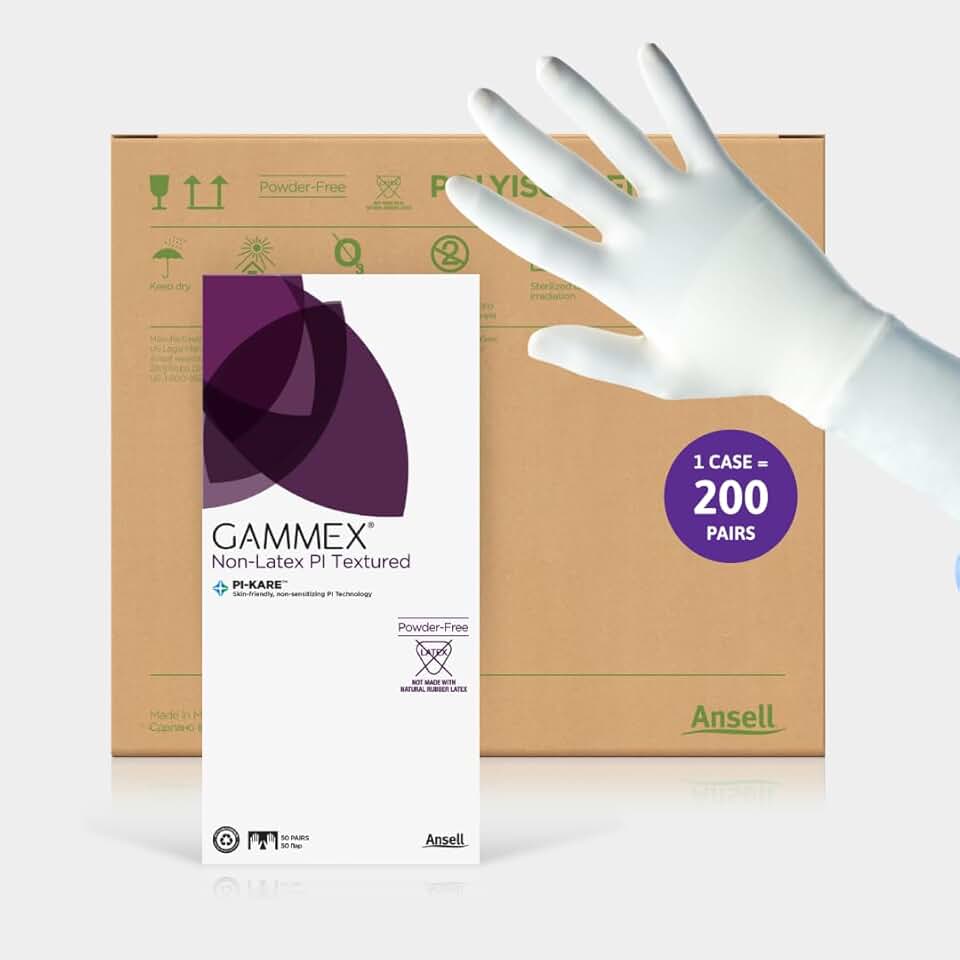 GAMMEX Non-Latex PI Gloves, Beaded Cuff, Powder-Free With Textured Fingers, Palm - Size 5.5, White (Case)