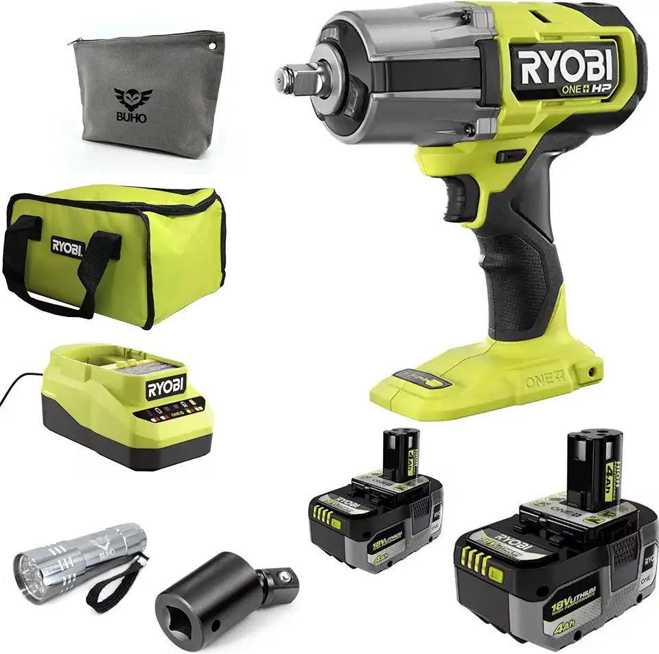 Buho Cordless Impact Wrench Accessory Bundle - Ryobi 18V Brushless 4 Mode 1/2 inch High Torque (2) 4.0 Ah Batteries 18V Charger Drive Impact Universal Joint Pocket Flashlight Tool Pouch