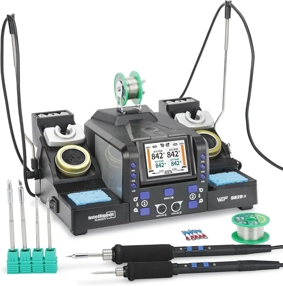 WEP 982D-II 2-In-1 Micro Soldering Kit with Type-210 and 245 Micro Soldering Iron; Automatic Calibration, Adaptive Display Mode, 3 Pre-set Channels, Dynamic LCD Display, Automatic Sleep Mode and More