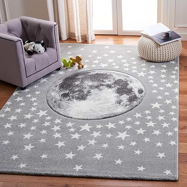 Safavieh Carousel Kids Collection 8' Square Light Grey/White CRK135F Moon and Stars Non-Shedding Nursery Playroom Area Rug