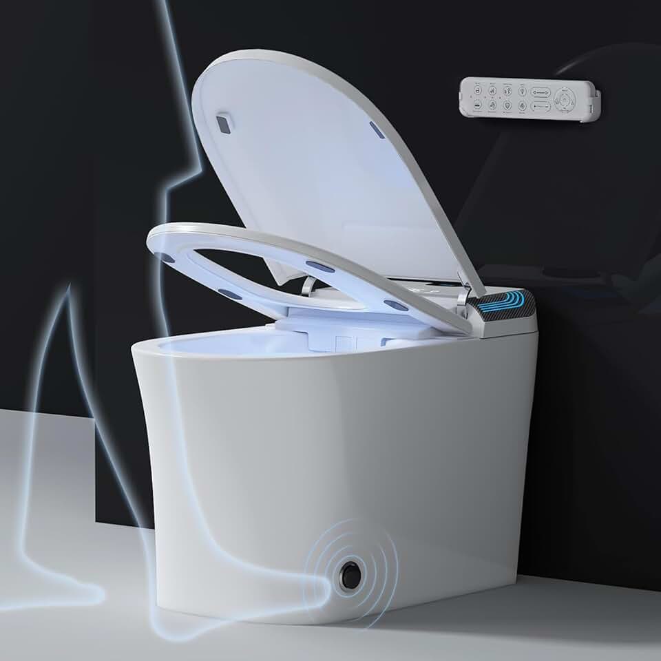 Smart Toilet Featuring Warm Water Sprayer, Foot Sensor Operation, Heated Bidet Seat, Raised Tankless Toilet with LED Display