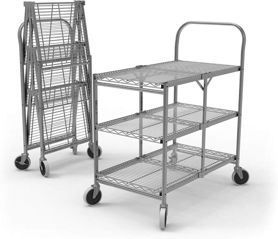 LUXOR WSCC-3 Three-Shelf Collapsible Wire Utility Cart, Push Heavy Duty, 4