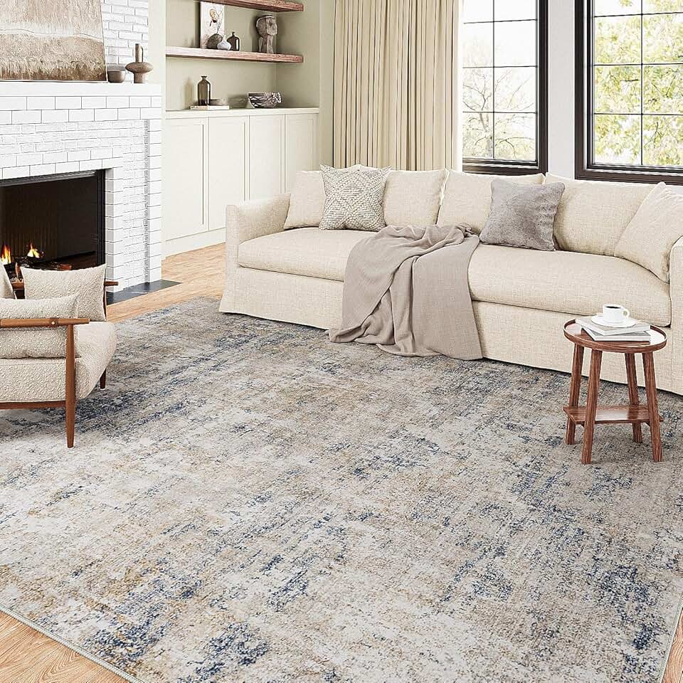 Machine Washable Area Rug 9x12 Blue Brown Living Room Rug Washable Indoor Large Accent Rug Modern Abstract Low Pile Carpet Distressed Throw Rug Bedroom Office Dining Room Non Slip