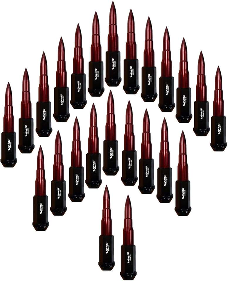 14x1.5 24PC 124mm Cold Forged Steel Lug Nuts with RED Extended Bullet Tips in CNC Aluminum Compatible with Ford F150 Raptor 15-25 2015-2025 with 6 Lug Wheel Pattern