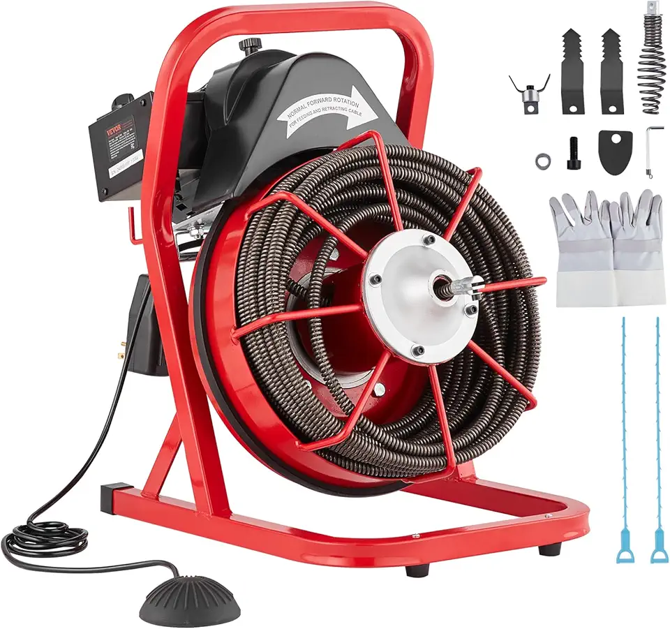 Drain Cleaner Machine 75FT x 1/2 Inch, Sewer Snake Auger Manual Feed, 370W Electric Drain Cleaning Machine with 4 Cutters & Air-activated Foot Switch for 2