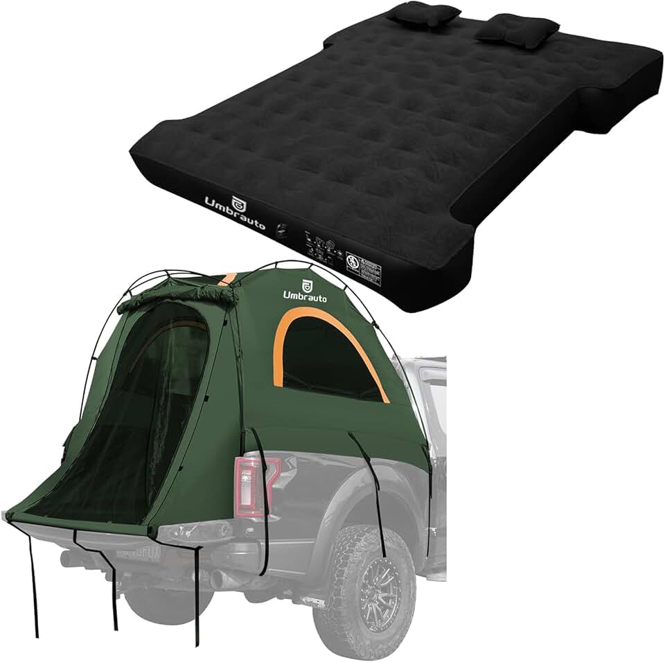Umbrauto Easy Set-Up Truck Bed Tent Fits 6.4-6.7ft with Inflatable Truck Bed Mattress, PU3000mm Waterproof Pickup Truck Tents Camping Kit Blue & Black