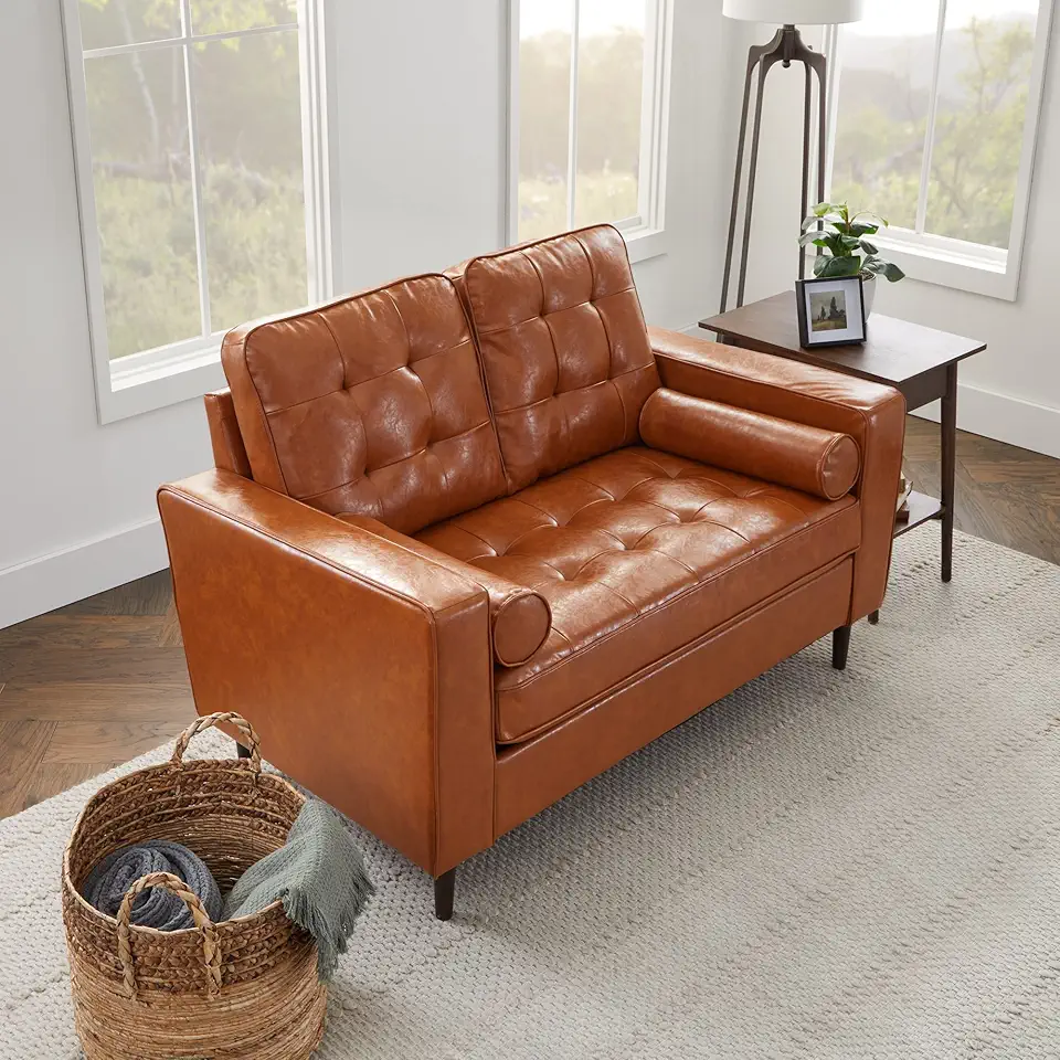 Edenbrook Lynnwood Upholstered Loveseat - Living Room Office or Bedroom - Mid-Century Modern Design Furniture - Buttonless Tufting - Simple Assembly - Includes 2 Bolster Pillows - Camel Faux Leather