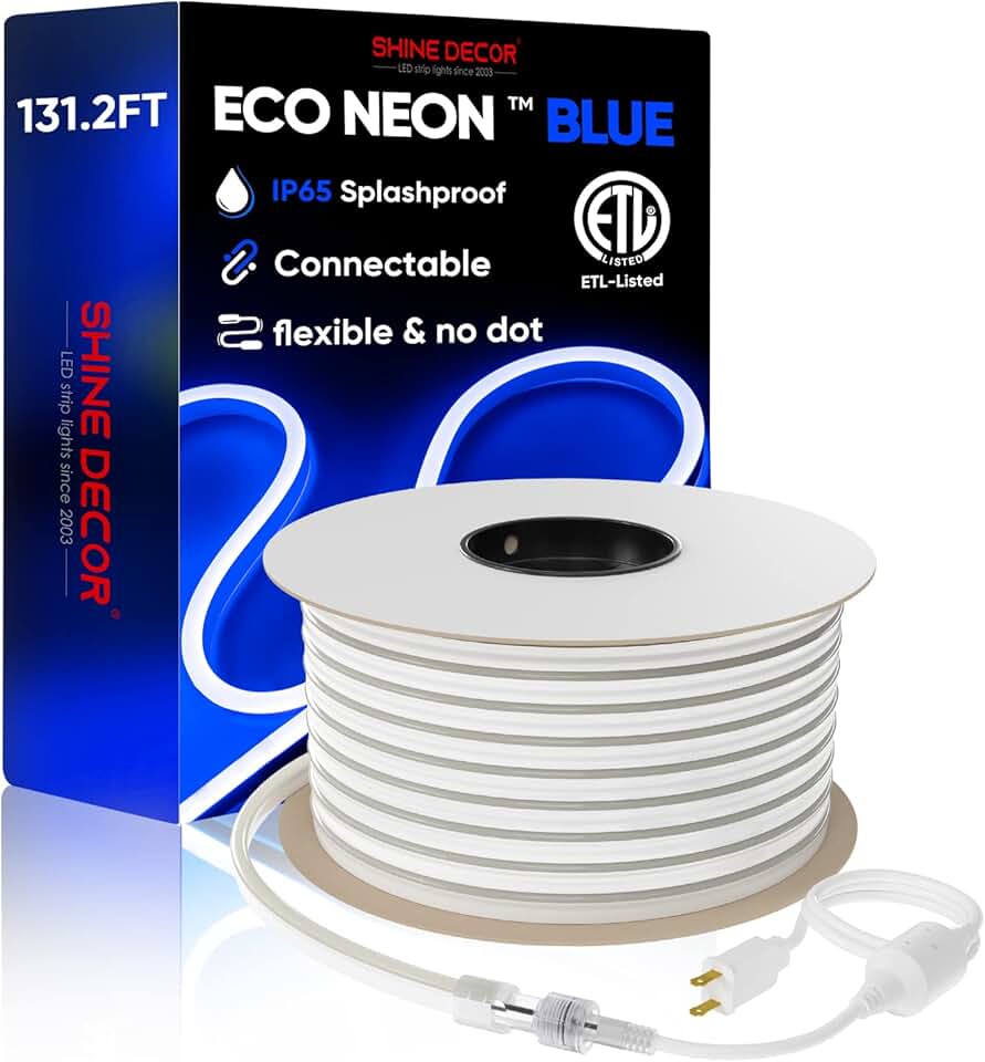 Shine Decor LED Neon Rope Lights Connectable, 131.2FT Flexible AC 110V 120V Neon LED Strip Lights(Blue Color) Outdoor Waterproof, 40M ETL Plug&Play Neon Strings Lighting 120LEDs/M for Home Commercial