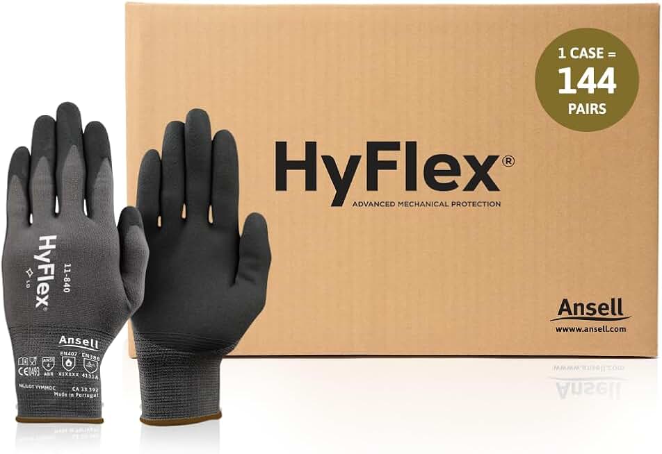 HyFlex 11-840 Ergonomic Abrasion-Resistant Nitrile Foam Industrial Gloves for Automotive, Fabrication, EMS, Utilities - Size 7, Black (144 Pairs)