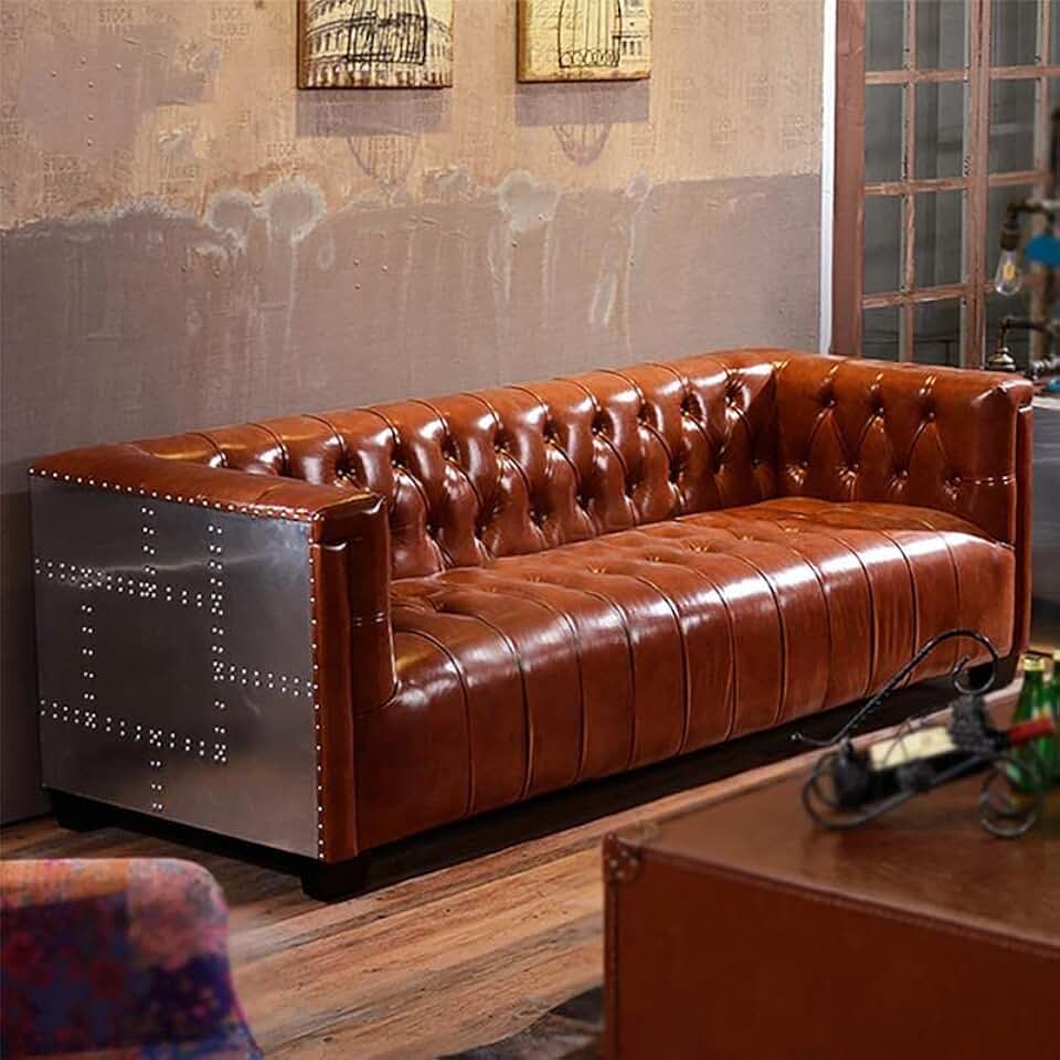 NauticalMart Aluminum Aviator Three Seater Sofa, Real Leather and Aluminum