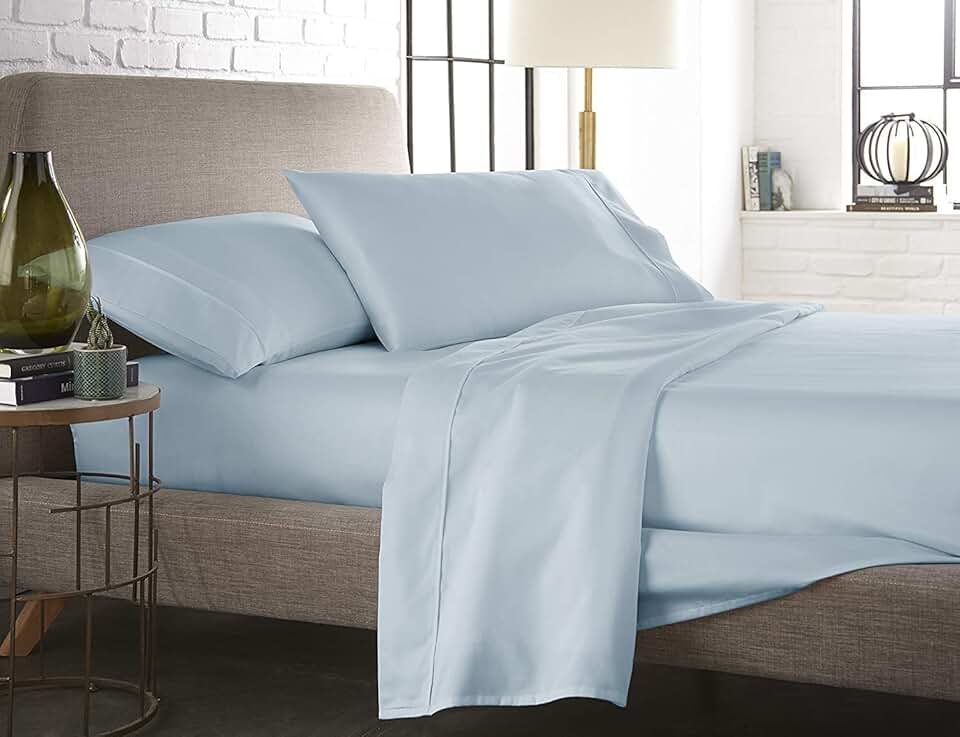 True Luxury Pure Heavy Rich Supima ELS Cotton 6-Piece Bed Sheets Set Queen Size Fits mattresses Upto 25-28” deep Pocket – Sateen Weave (Solid, Light Blue)