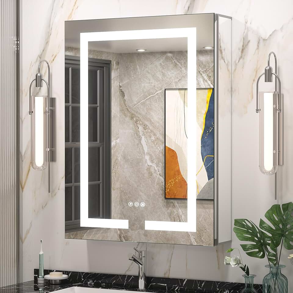 Keonjinn 24 x 32 Inch LED Medicine Cabinet for Bathroom with Lights Adjustable Shelves Electrical Outlet Dimmable Defogging 3 Color Lights LED Vanity Mirror with Storage Recessed Surface Wall Mount