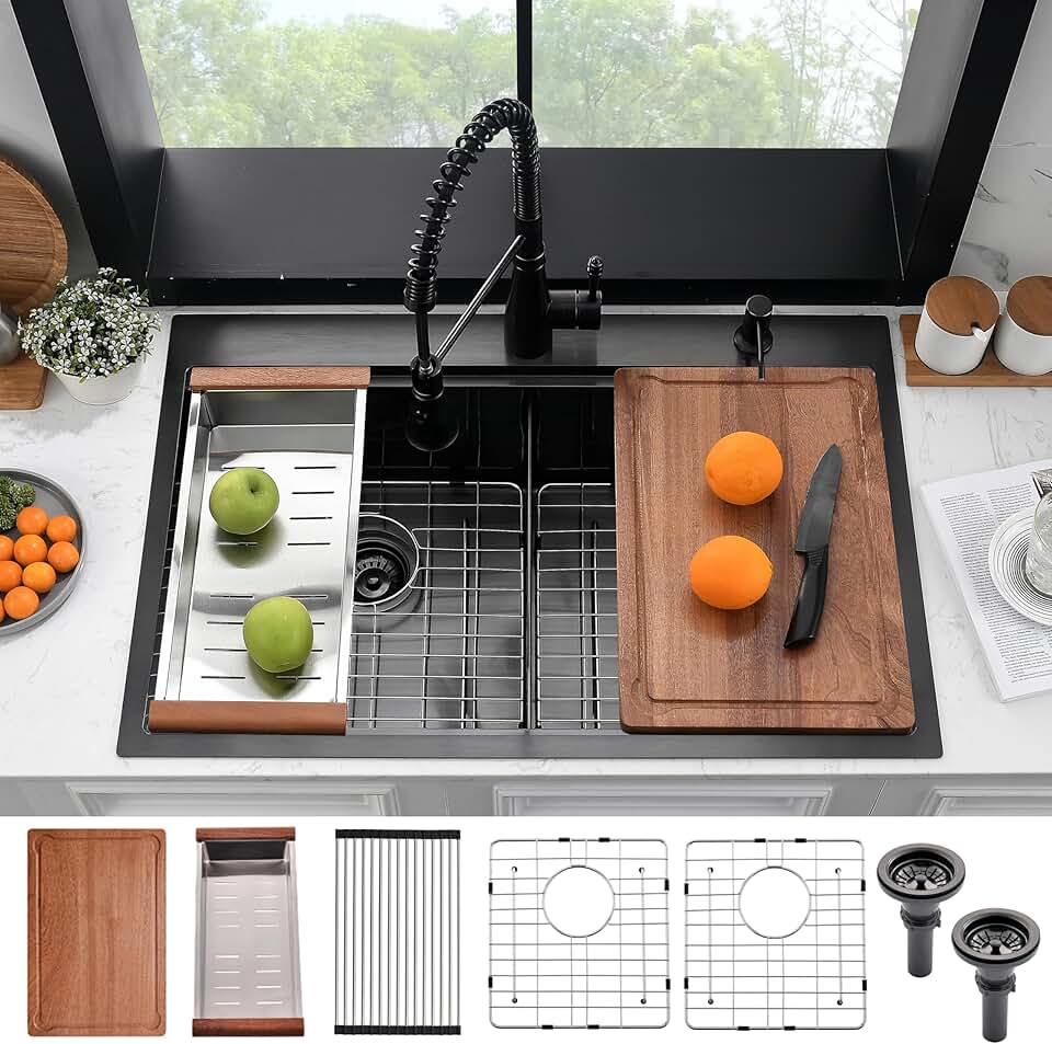 33 Inch Drop In Kitchen Sink Black Double Bowl Workstation -HACHENL 33x22 Topmount Kitchen Sink 50/50 Double Bowl 16 Gauge Black Stainless Steel 10 Inch Deep Kitchen Sink With Accessories