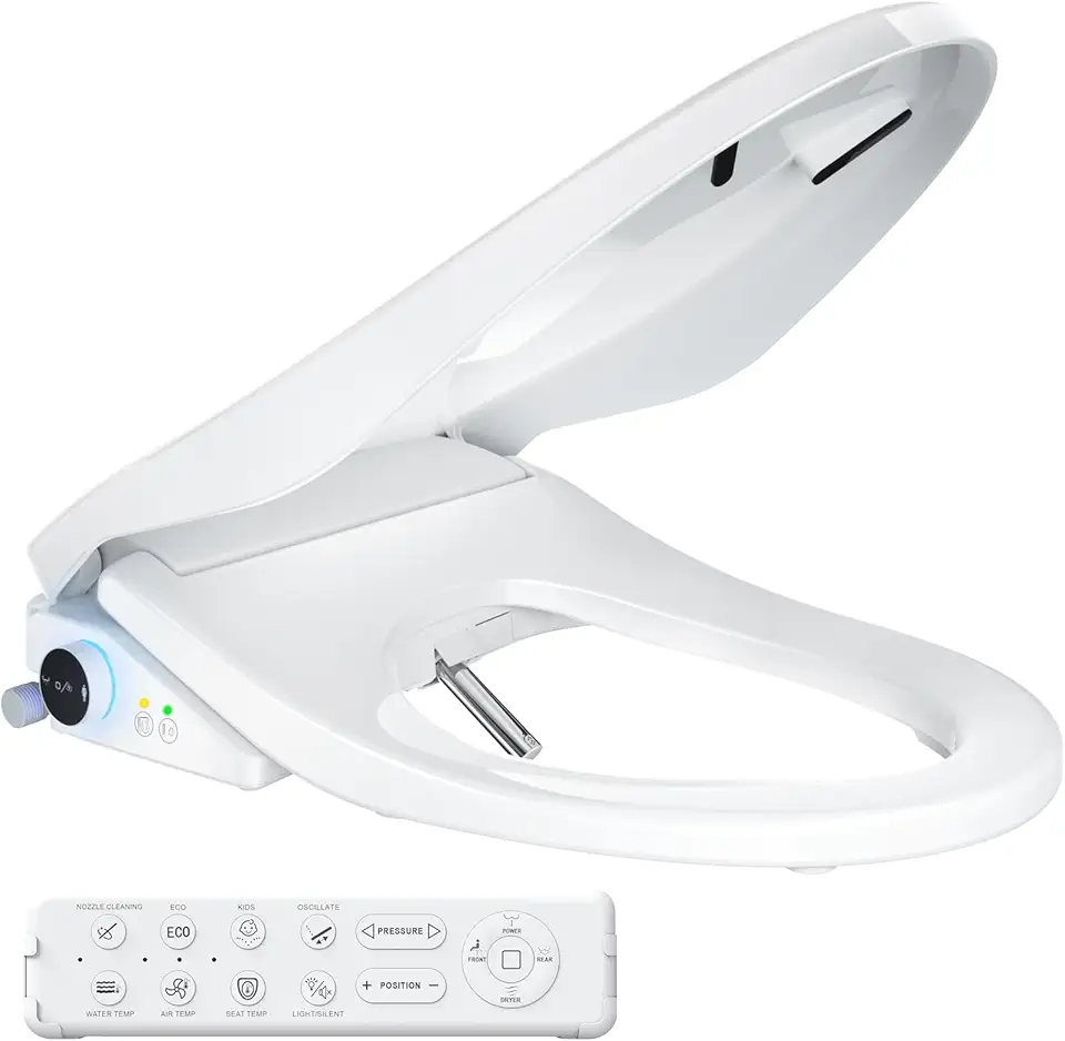 Electric Bidet Toilet Seat, Heated Toilet Seat Elongated with Instant Warm Water & Dryer, Feminine & Front Rear Wash, Wireless Remote, Self-Clean Nozzle, Slow Close Lid, Upgraded Silent ECO Child Mode