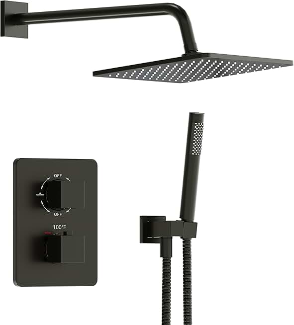 Esnbia Thermostatic Black Shower System, All Metal Shower Faucet Set with 10 Inches Rain Shower Head, Rainfall Shower Heads with Handheld Spray Combo，Anti-Scald Shower Combo Set, Matte Black