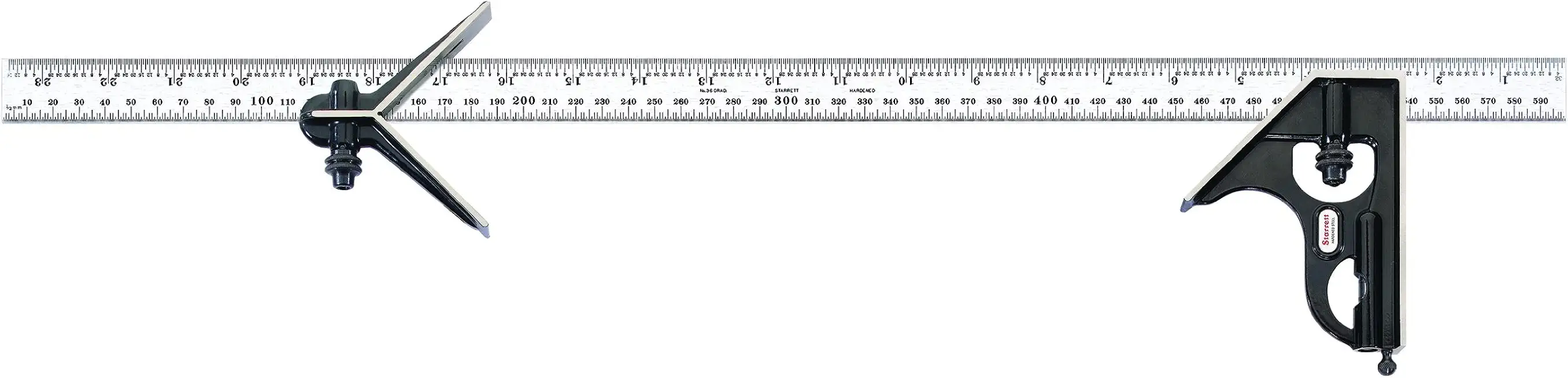 Starrett 33MEHC-600 Forged, Hardened Steel Square And Center Heads With Regular Blade Combination Square, Smooth Black Enamel Finish, 600mm Size