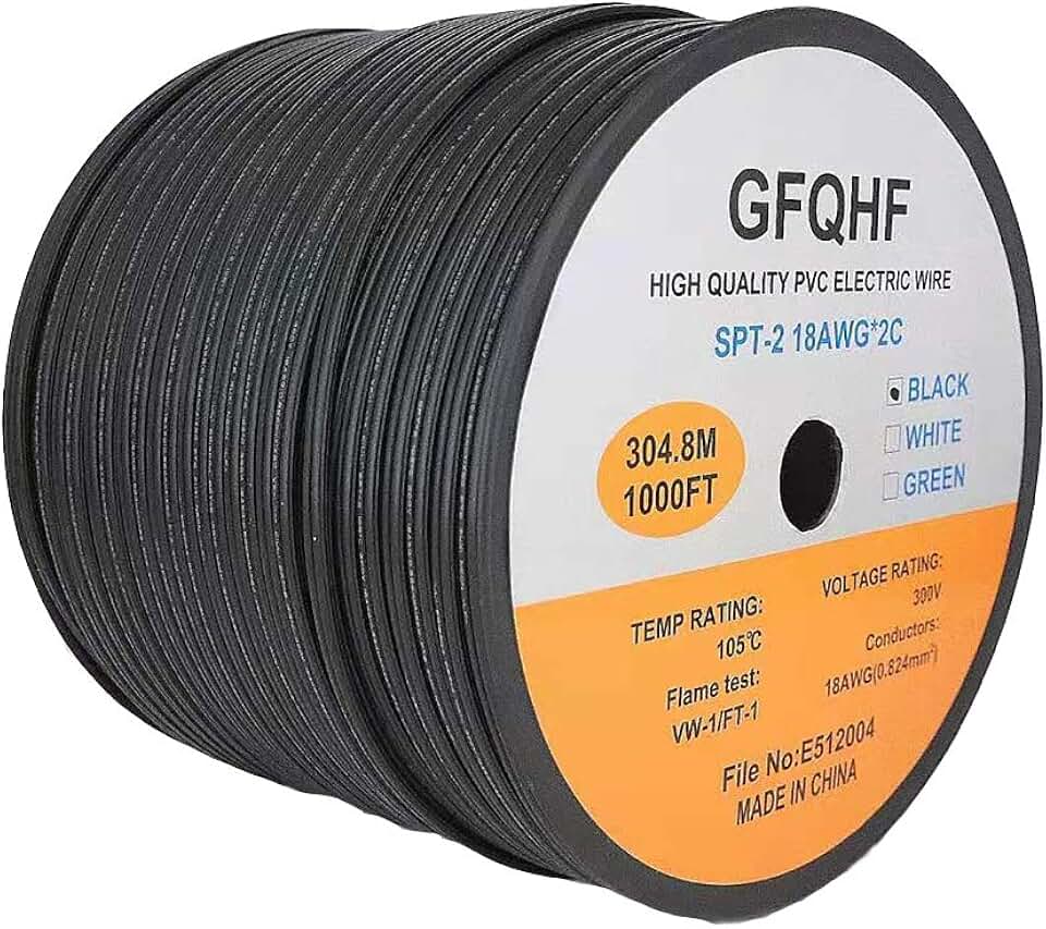 1000FT Black SPT-2 Zip Cord Wire 18/2 Extension Electrical Cable, UL Listed 18 Gauge Wire, Work with SPT-2 Vampire Plug