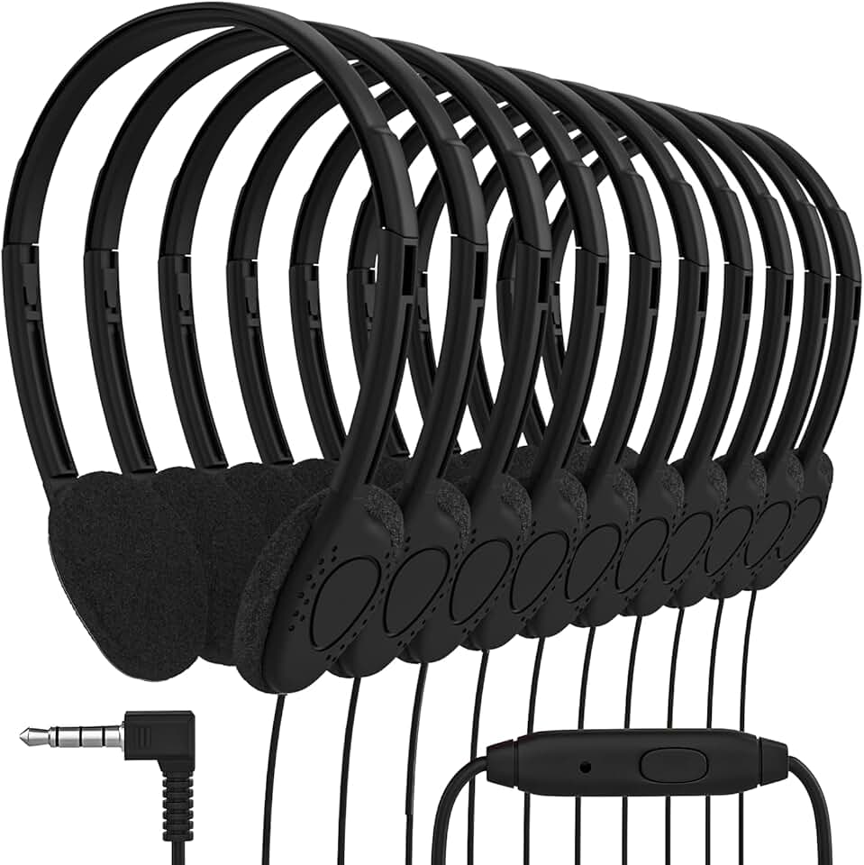 Maeline Bulk On Ear Student Headphones with Microphone for Library, School, Classroom, Airplane, Kids Online Learning and Travel, 3.5 mm Headphone Plug - 200 Pack - Black