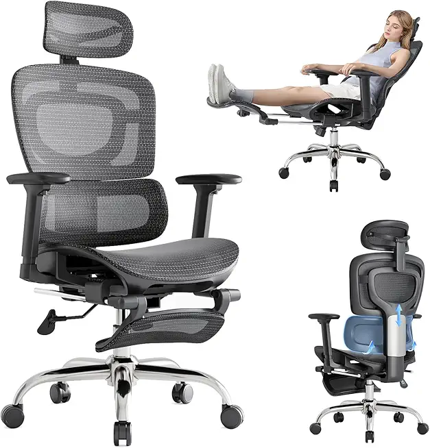 Ergonomic Office Chair, Adaptive Lumbar Support, SGS Class 4 Gas Clylinder 400 LBS Capacity，3D Headrest & Armrest and Retractable Footrest, Mesh Breathable Desk Chair, Kneeling Chair