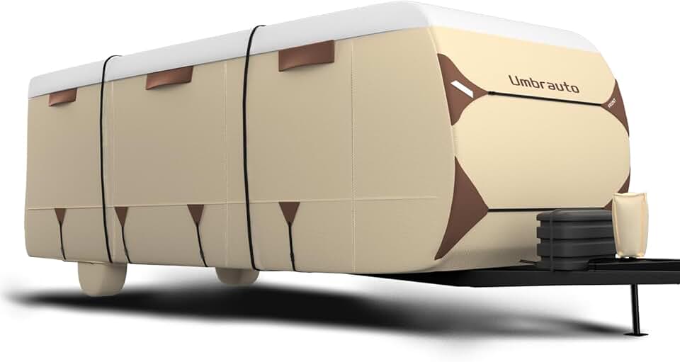 Umbrauto Travel Trailer RV Cover, Upgraded Cooling Top Panel Camper Cover Waterproof Anti-UV Durable Toy Hauler Cover Fits 18-20ft RV with Tongue Jack Cover, Extra Windproof Ropes,Gutter Covers