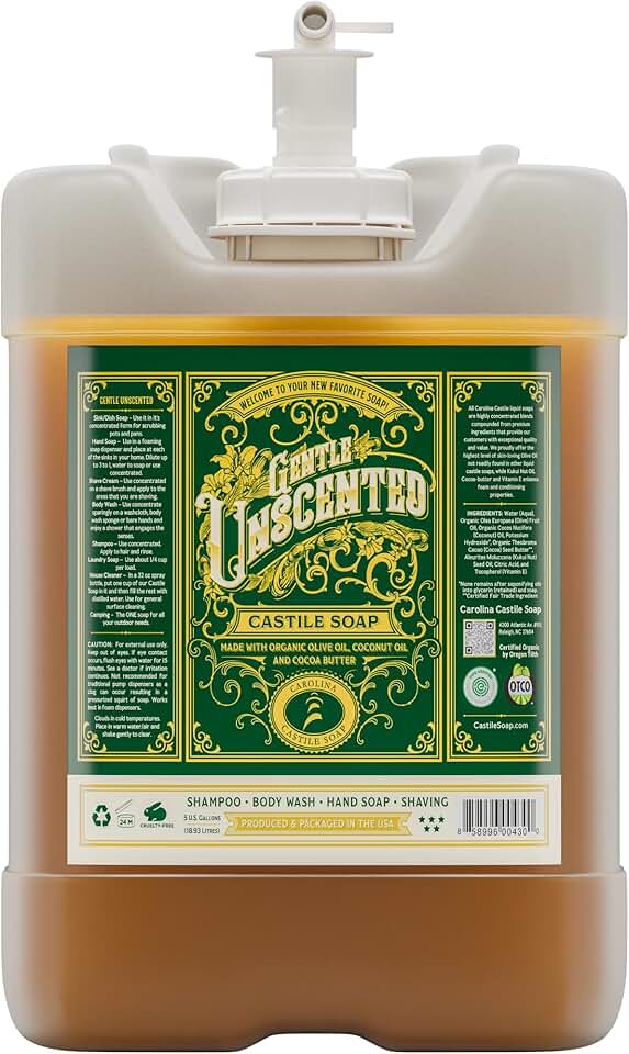 Carolina Unscented Bulk Castile Soap Liquid – Skin-Softening Olive Oil Cleanser - Organic Body Wash – Pure Castile Unscented Liquid Soap – Vegan Castille Soap Liquid (5 gallon)