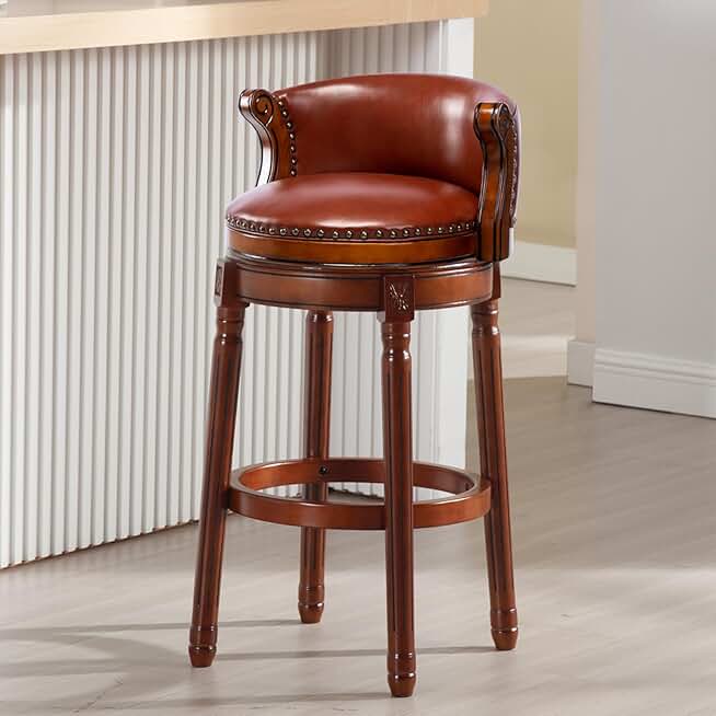 30'' Bar Stool,Full-Grain Genuine Leather Bar Height Swivel Barstools with Brown Backrest and Wooden Legs,Mid Century Modern Bar Chairs for Kitchen/Dining Room/Bar